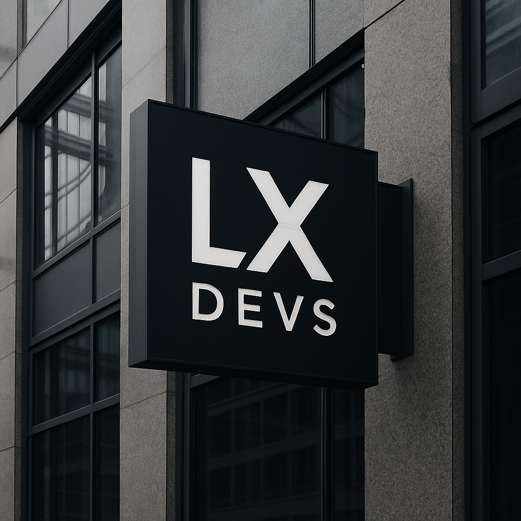 Equipo de LX Devs trabajando en diseño web moderno con computadoras en una oficina luminosa